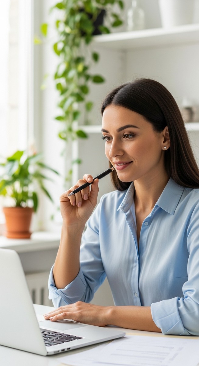 woman smiling and thinking at her home office desk