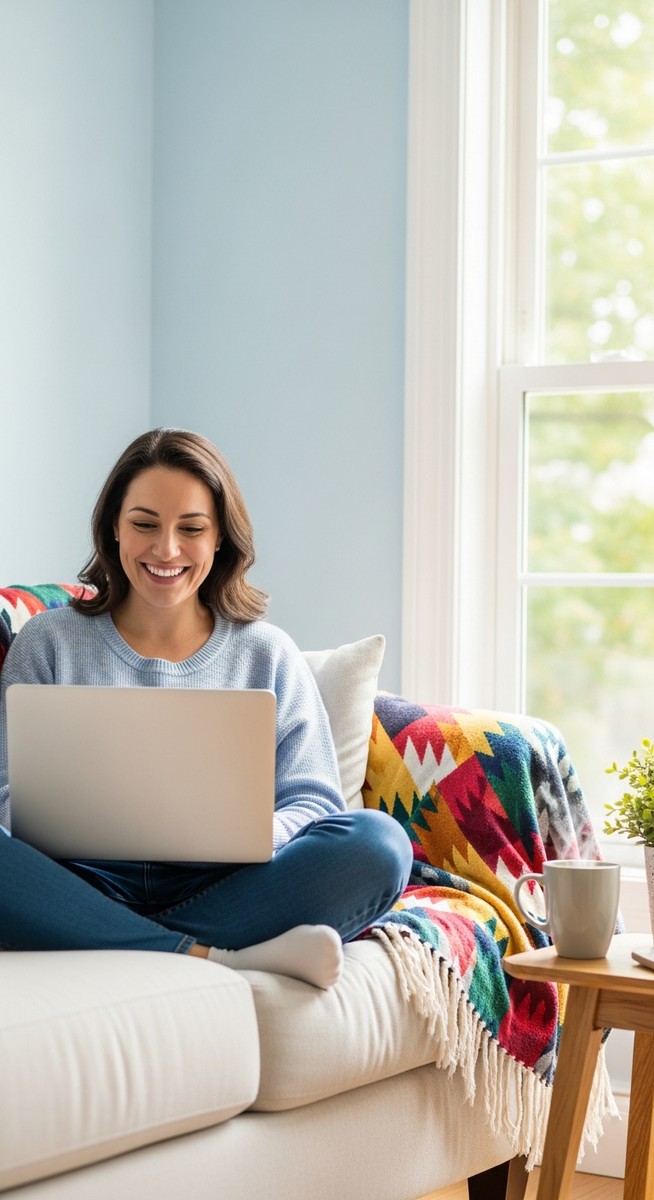 woman smiling while working on her laptop at home