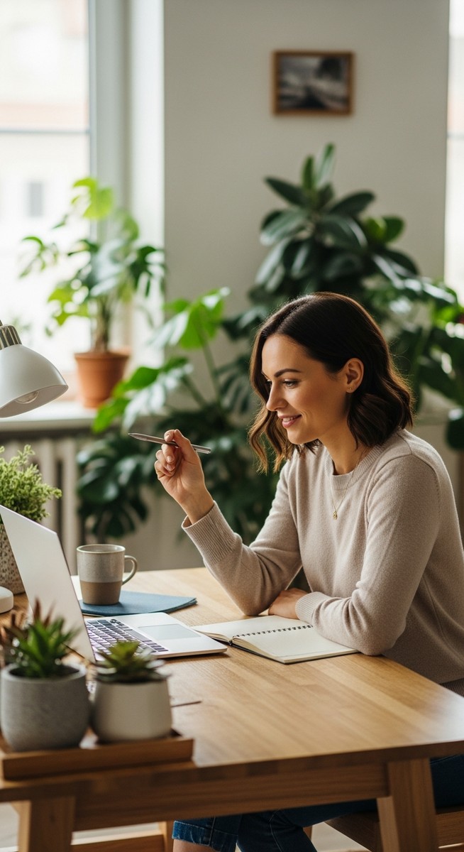woman smiling and thinking at her home office desk