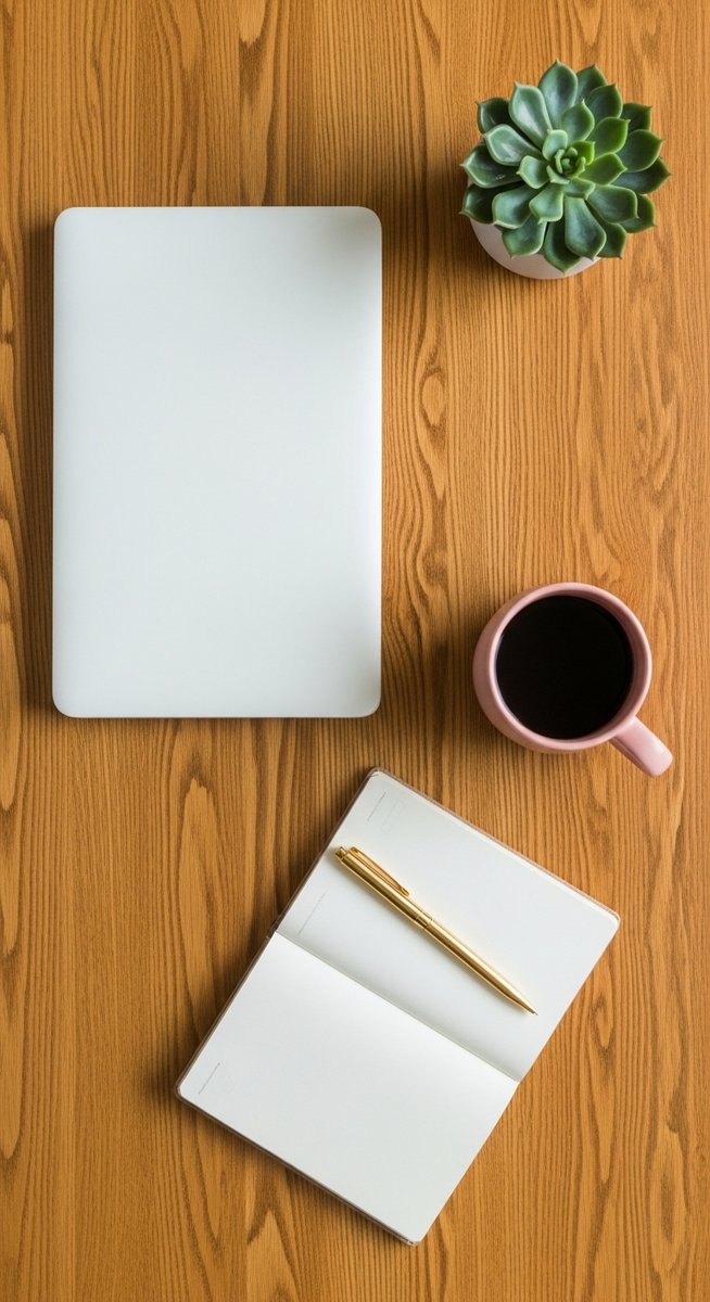 a flatlay of a planner, laptop, and succulent on a wooden surface for budgeting