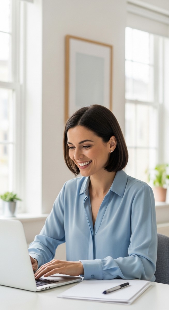 woman working confidently on her laptop at a bright home desk