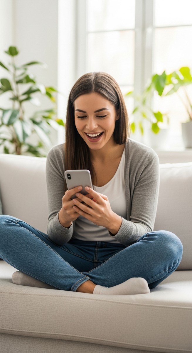 woman smiling at her phone in a bright living room