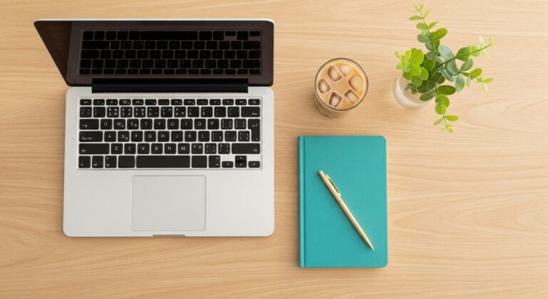 a flatlay of a laptop and teal notebook on a wooden desk for budgeting