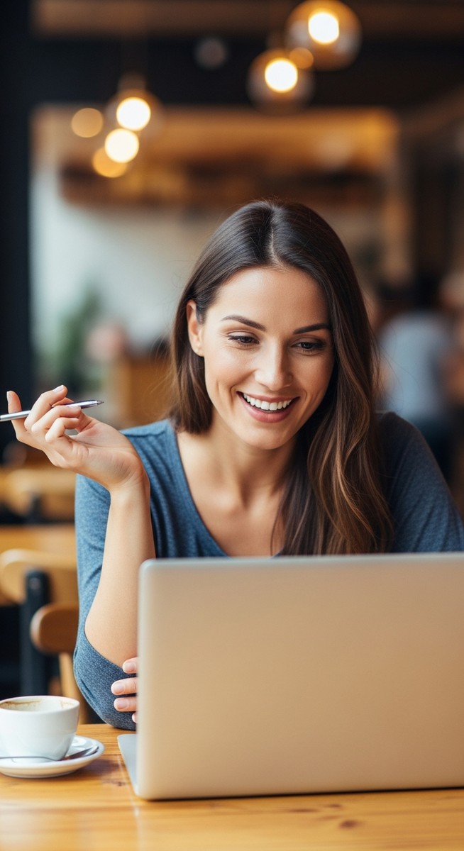 woman working happily on her laptop