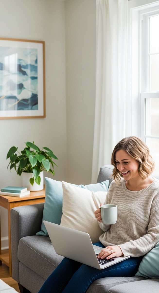 woman smiling while working on her laptop at home