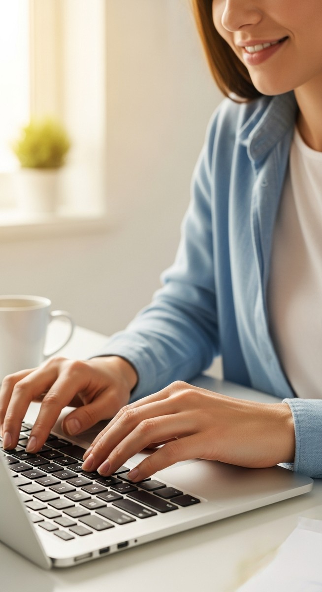 woman typing on a laptop at a bright clean desk