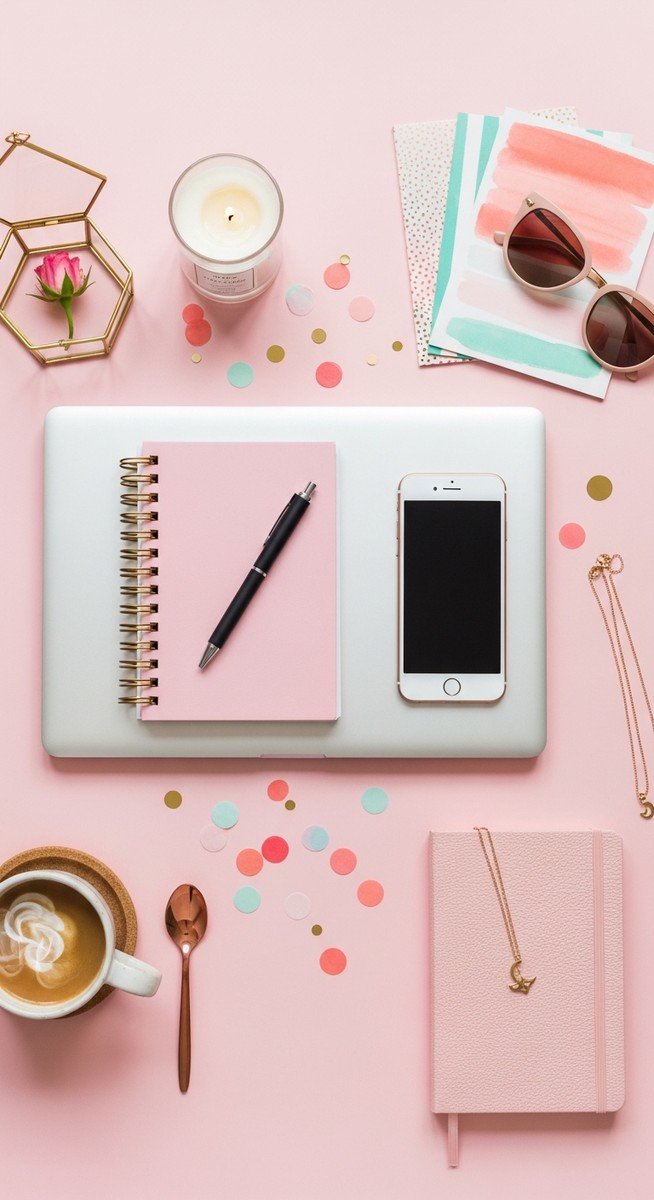 pink flatlay with laptop, notebook, and phone