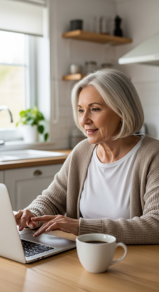older woman browsing flexible work options on a laptop at a kitchen table with a coffee