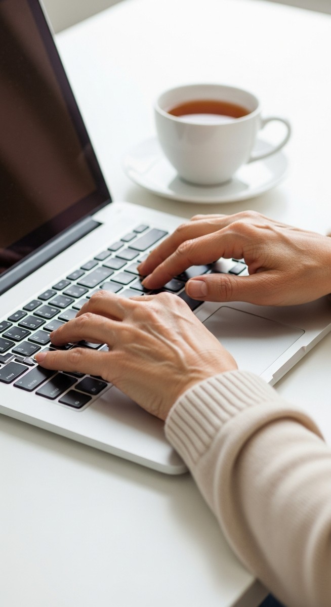 older person's hands typing on a laptop with a cup of tea beside them