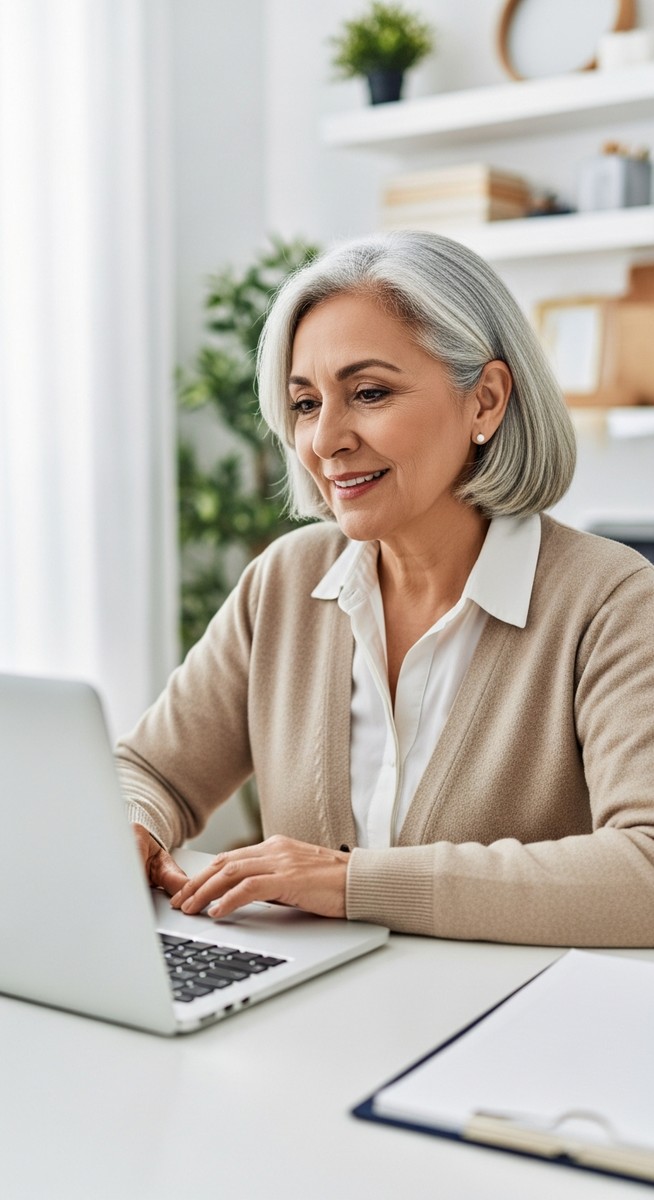 older woman on a professional video call on a laptop at a home desk