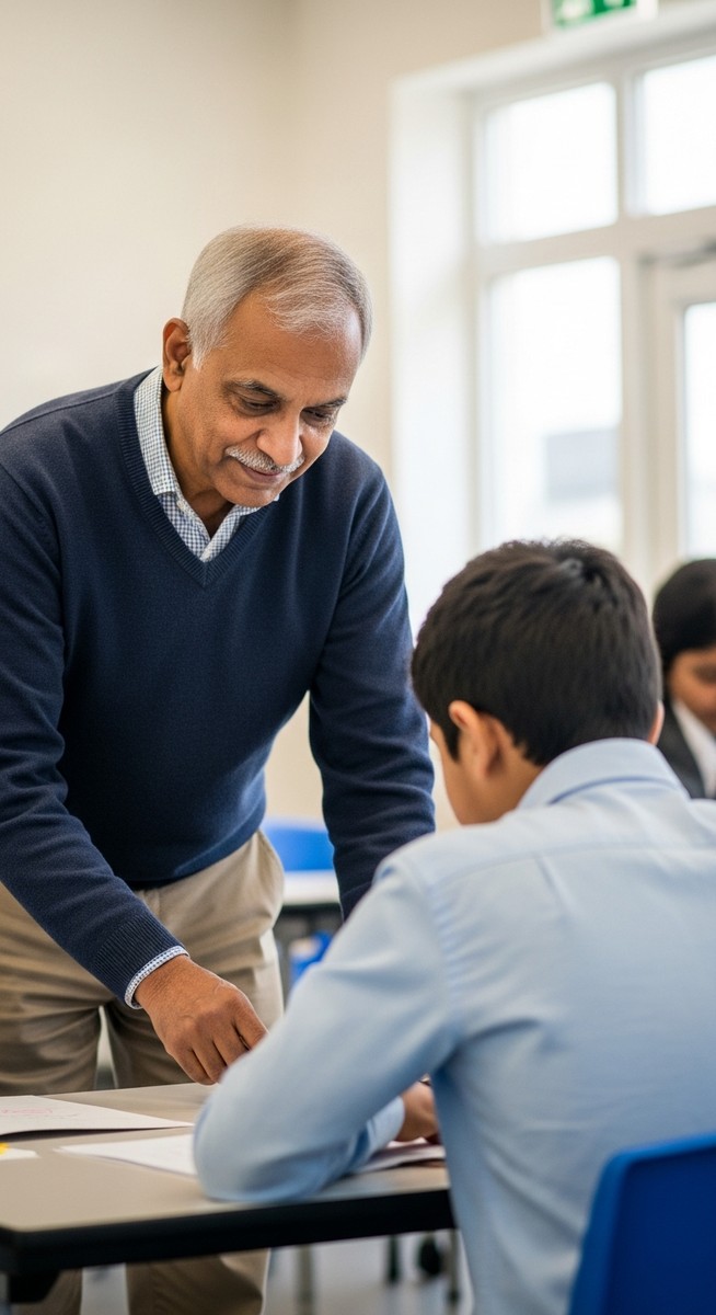 older man helping a younger person at a table in a community setting