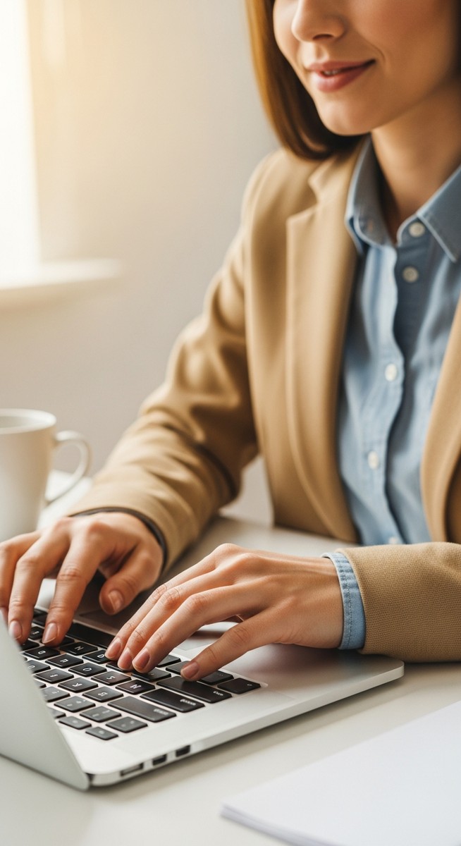 woman typing on a laptop at a bright clean desk