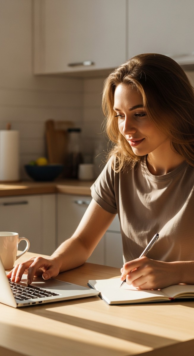 young woman taking notes next to her laptop at a kitchen table