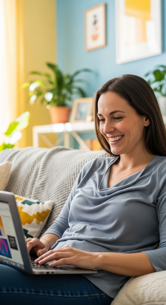 woman smiling while working on her laptop at home