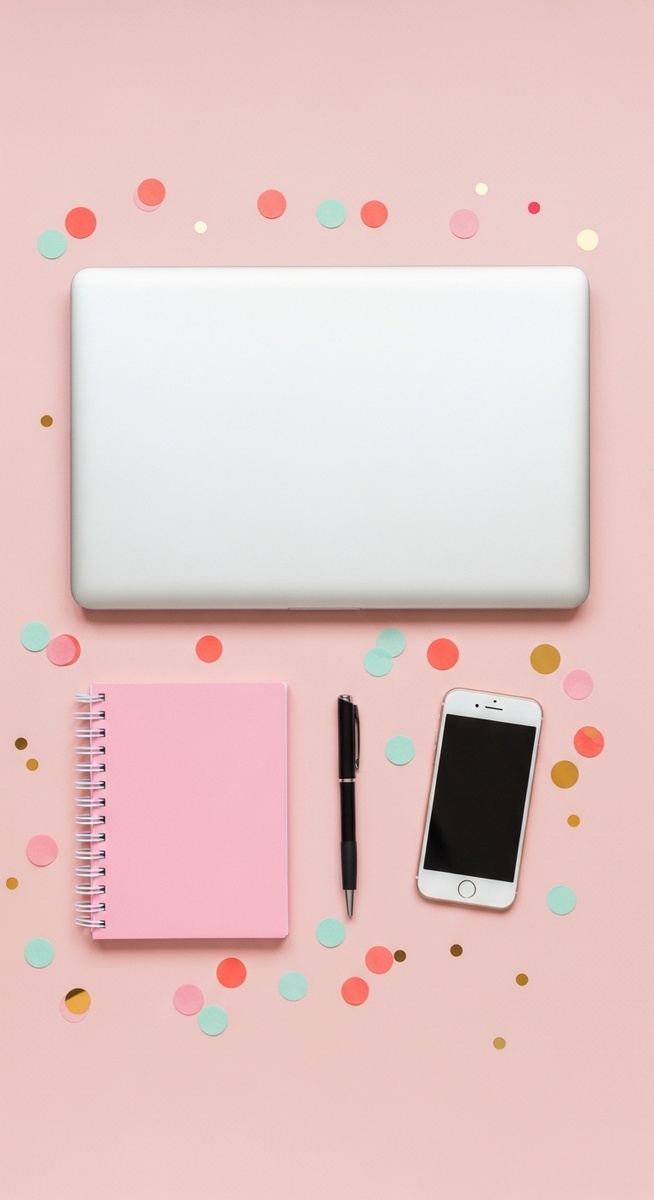 pink flatlay with laptop, notebook, and phone