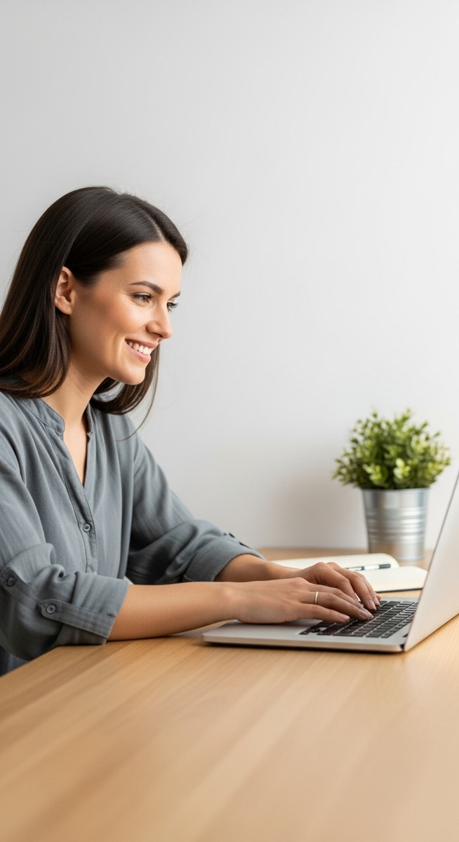 woman looking satisfied at her laptop screen at home