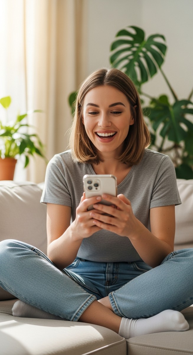 woman smiling at her phone in a bright living room