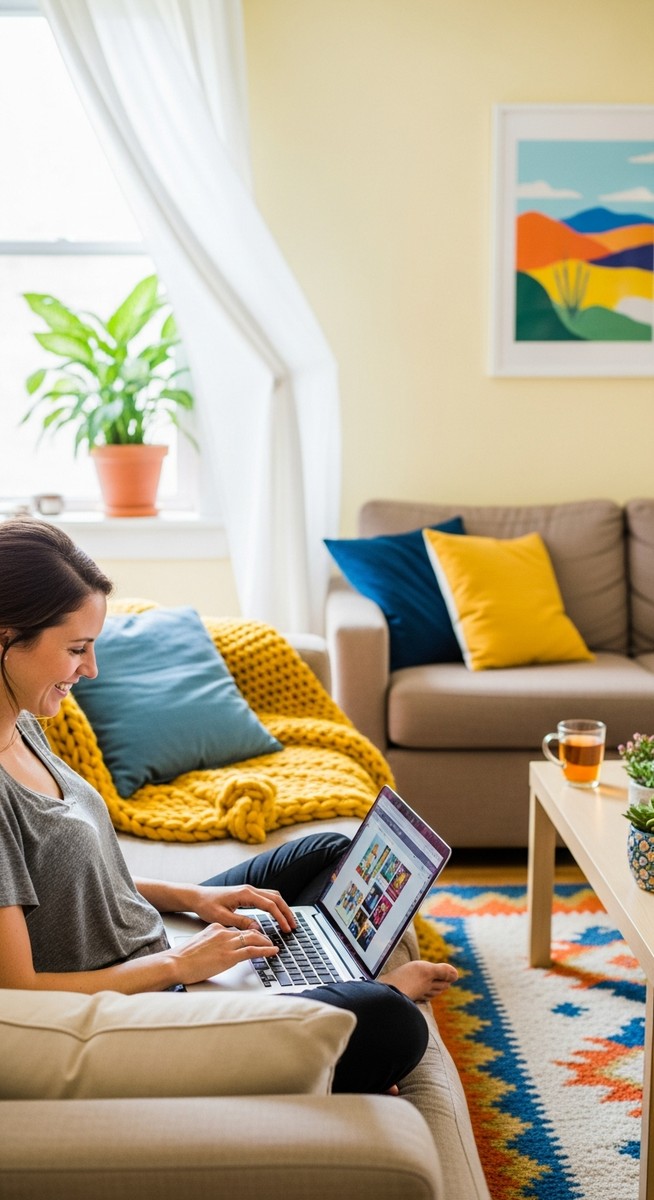 a woman smiling while working on her laptop at home to make $1,000