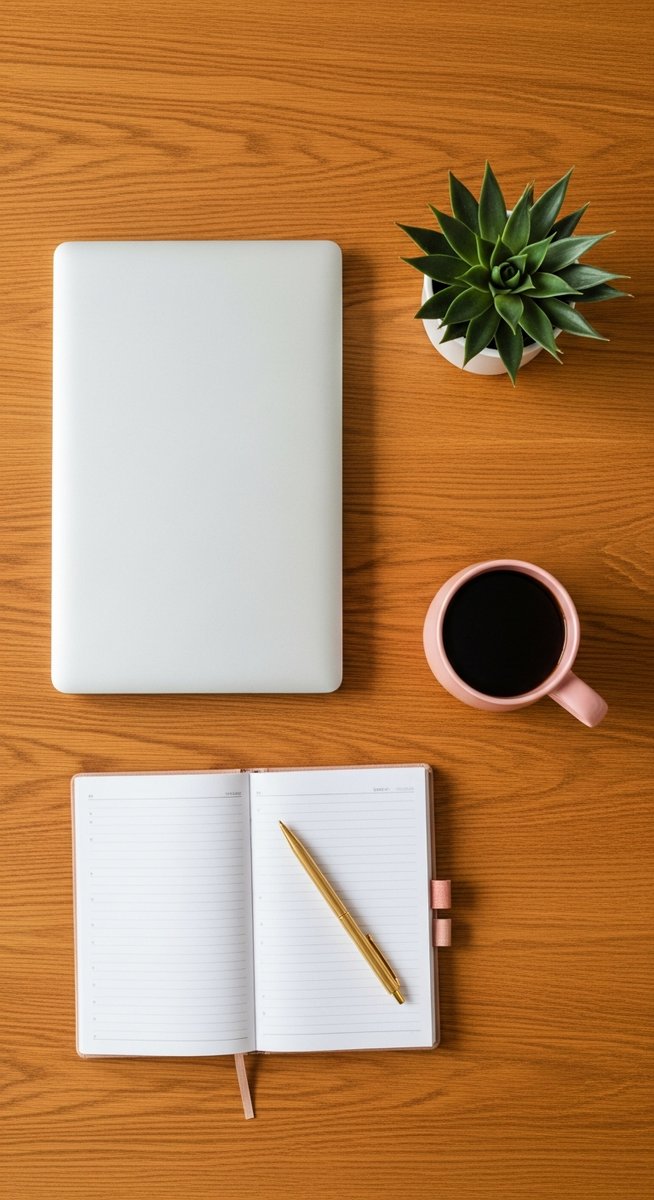 flatlay of a planner, laptop, and succulent on a wooden surface