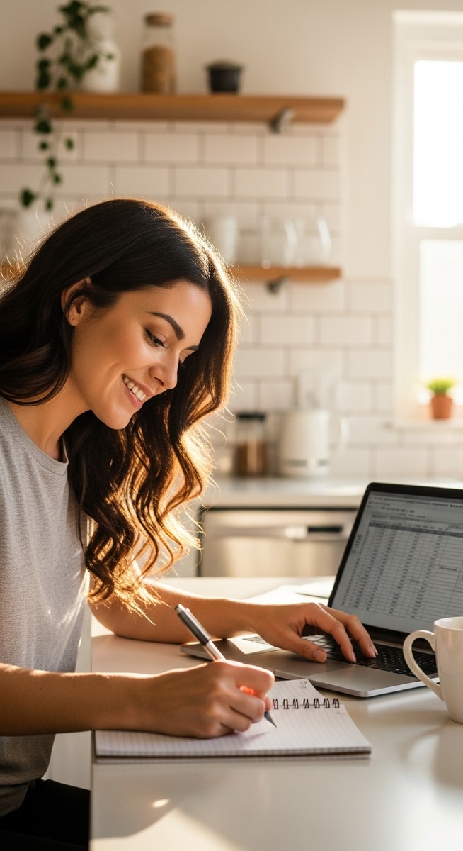 young woman taking notes next to her laptop at a kitchen table