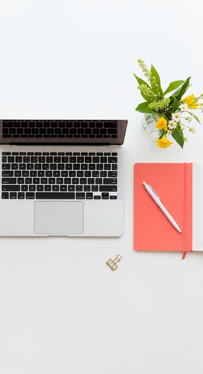 flatlay with laptop and other items on a white surface