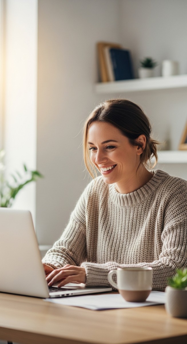 woman working confidently on her laptop at a bright home desk
