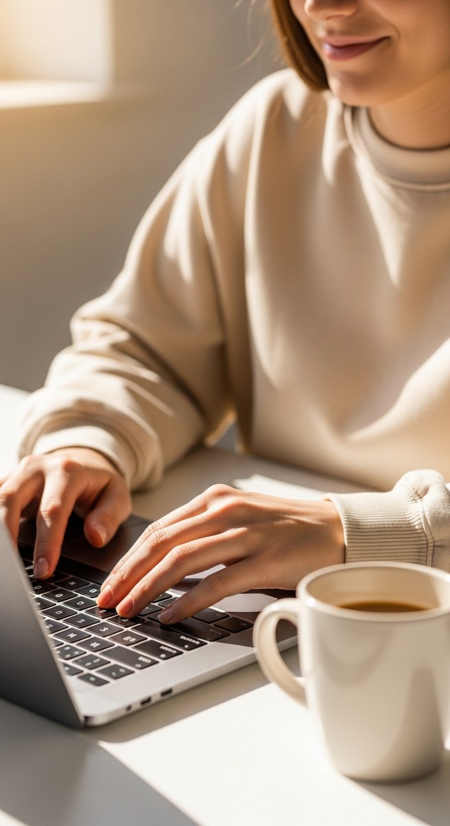 a woman typing on a laptop at a bright clean desk to save $10,000