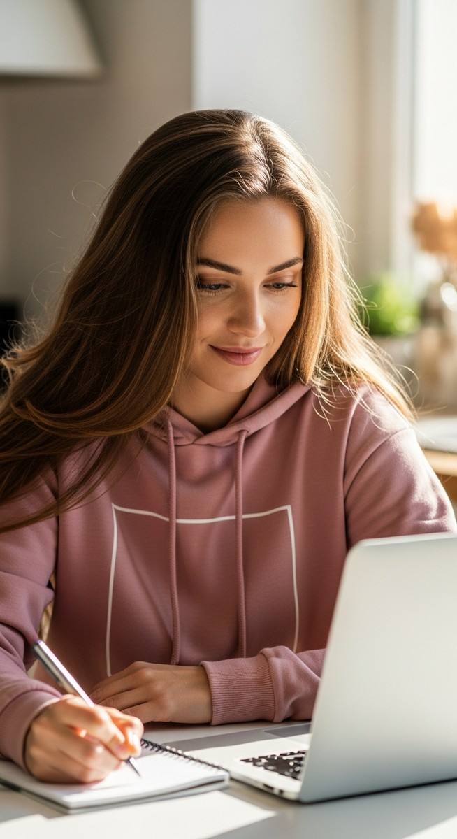 a young woman taking notes next to her laptop at a kitchen table to save $10,000
