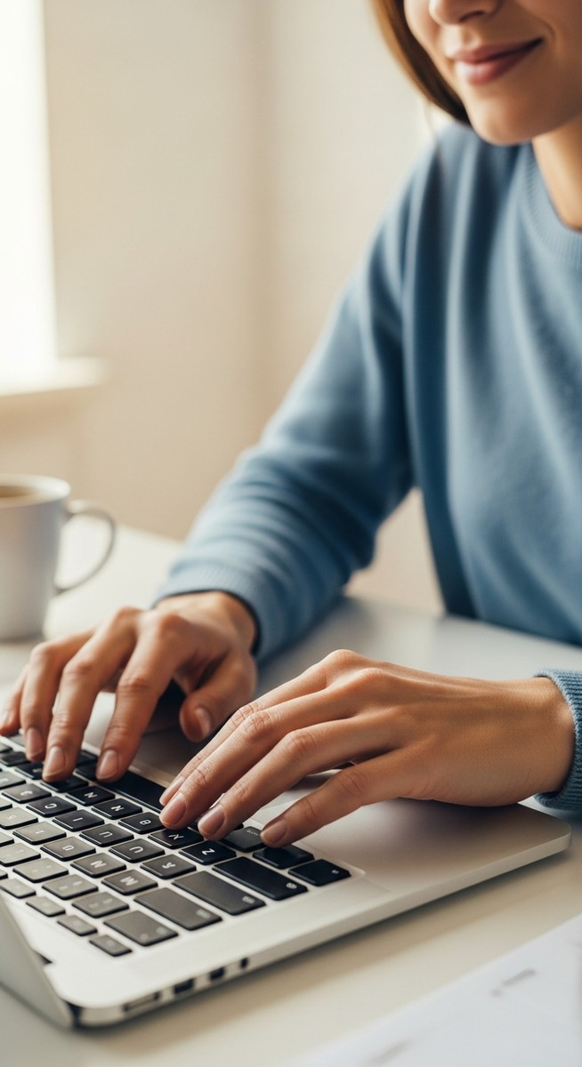 a woman typing on a laptop at a bright clean desk to make $100 a day