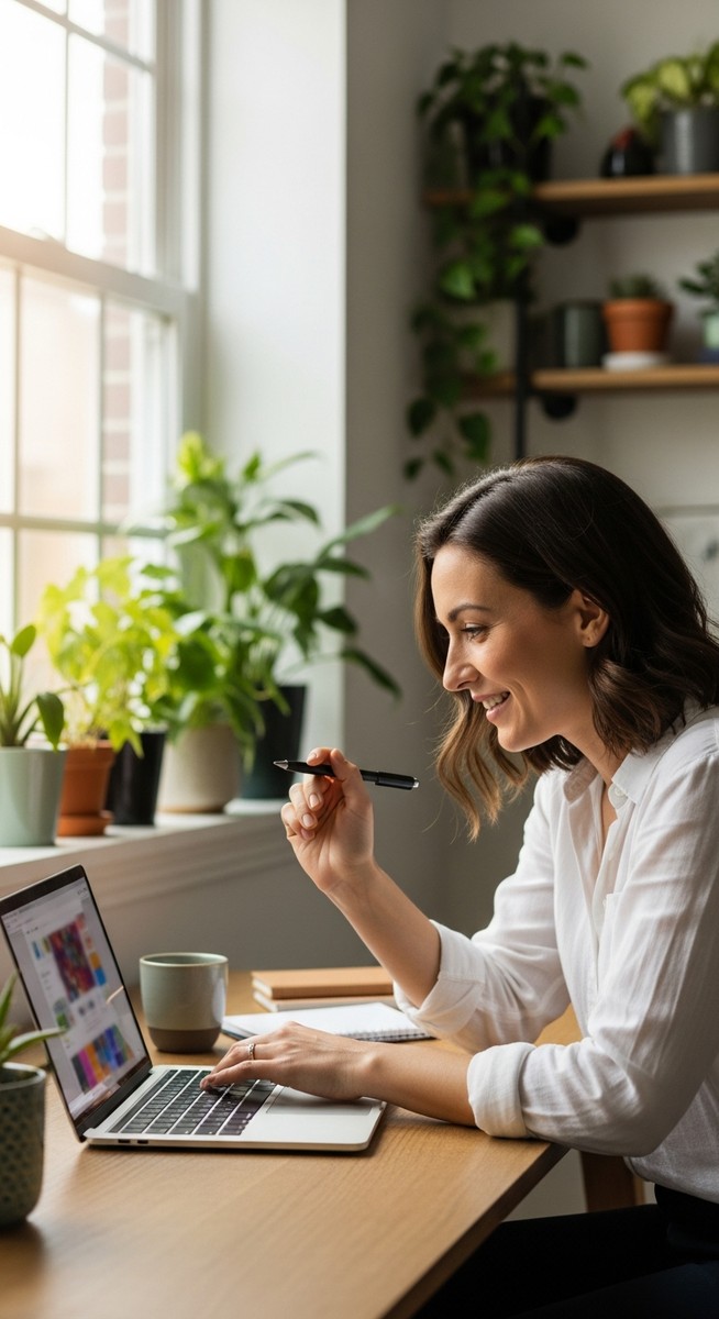 woman smiling and thinking at her home office desk
