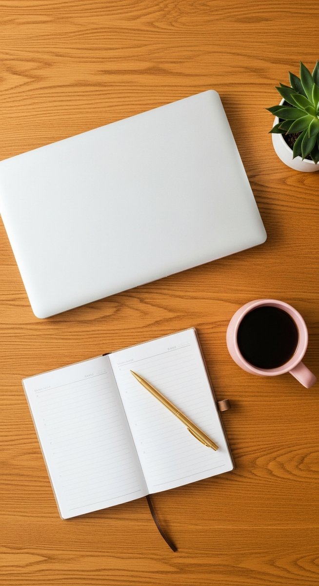a flatlay of a planner, laptop, and succulent on a wooden surface to make $100 a day