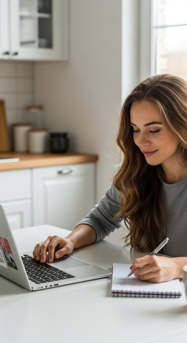 a young woman taking notes next to her laptop at a kitchen table to make $100 a day