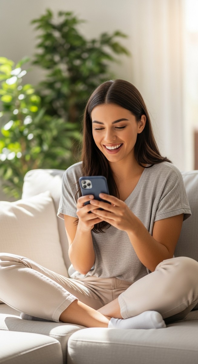 a woman smiling at her phone in a bright living room to make $100 a day