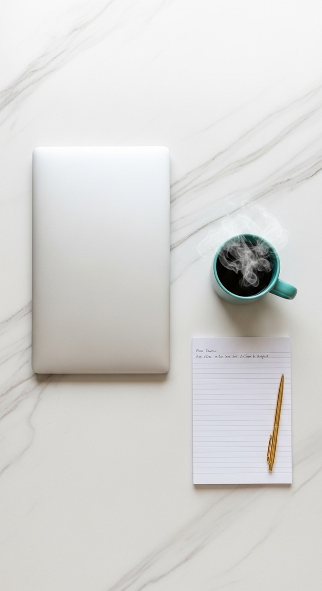 flatlay of a laptop and teal mug on a marble surface