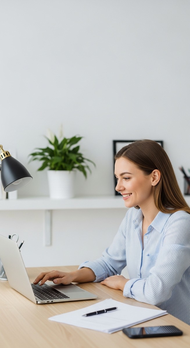 a woman looking satisfied at her laptop screen at home to make $100 a day