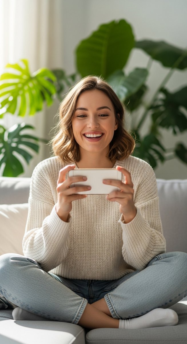 woman smiling at her phone in a bright living room