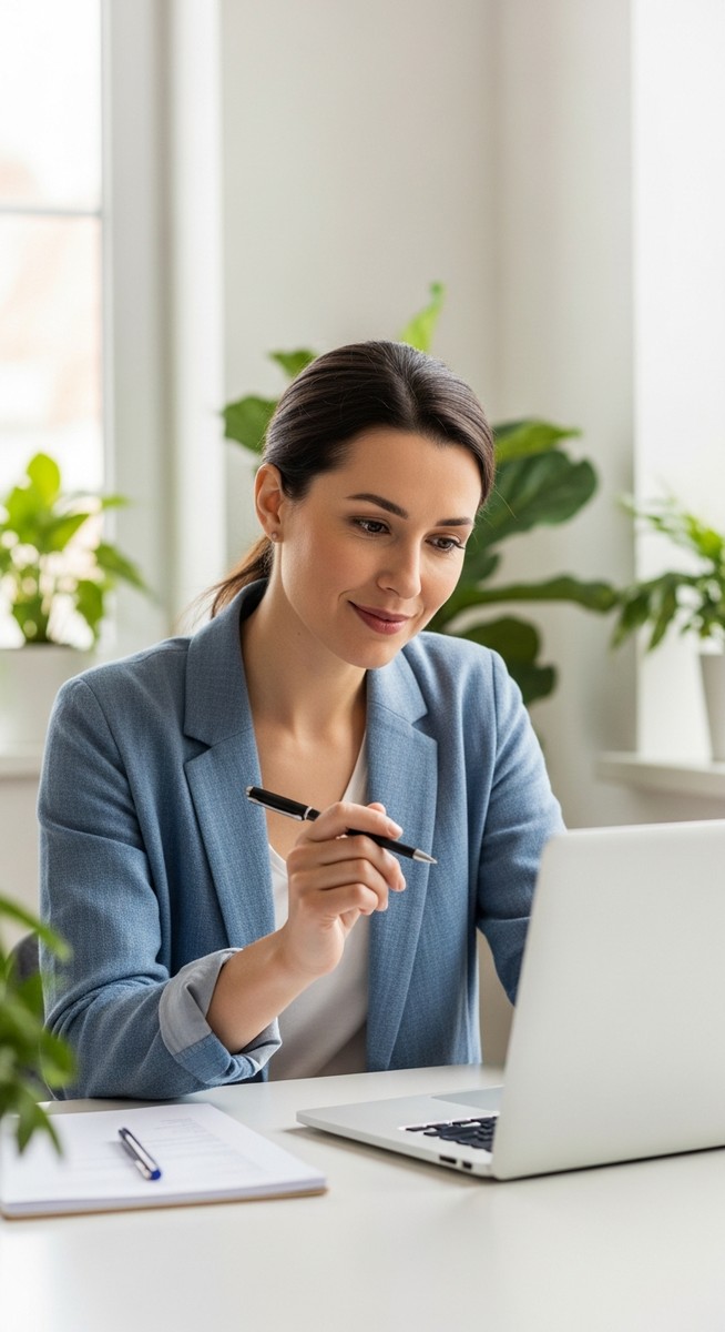 woman smiling and thinking at her home office desk