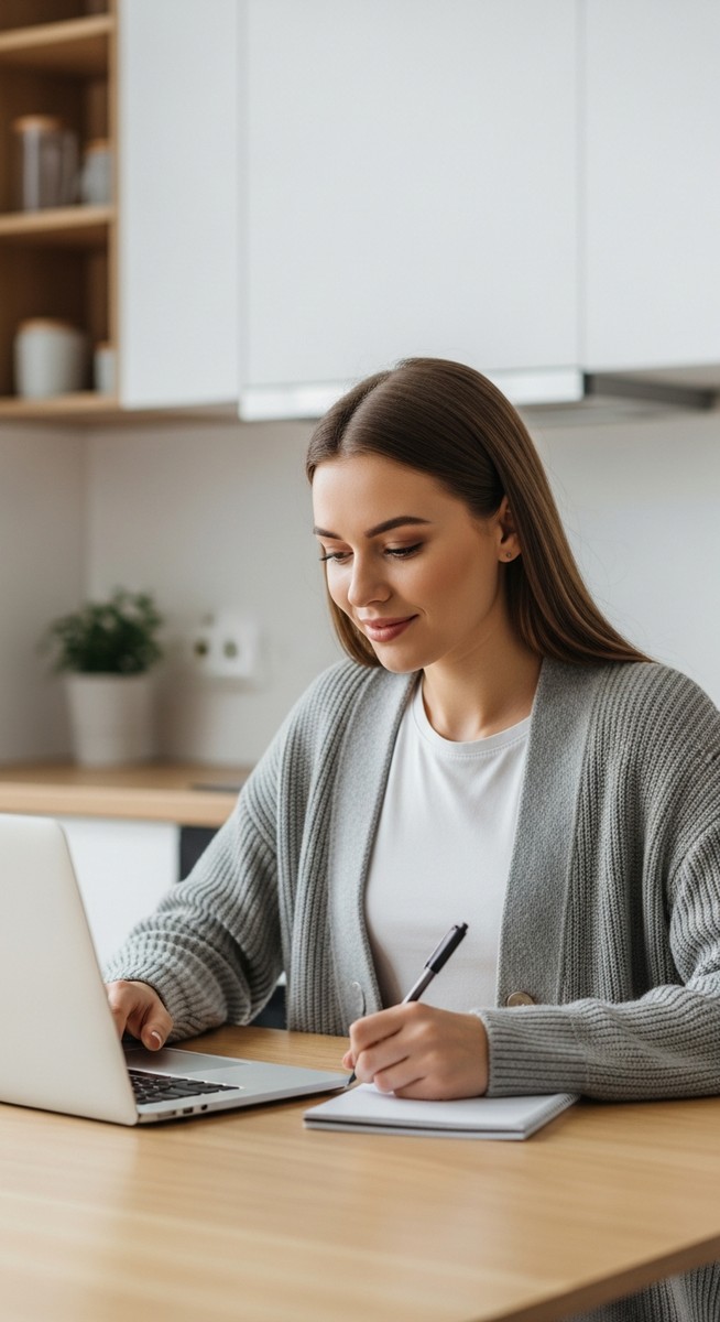 young woman taking notes next to her laptop at a kitchen table
