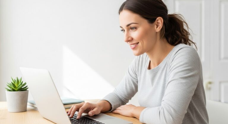 woman looking satisfied at her laptop screen at home