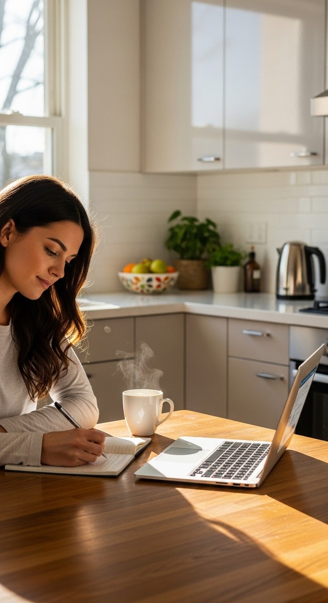 young woman taking notes next to her laptop at a kitchen table
