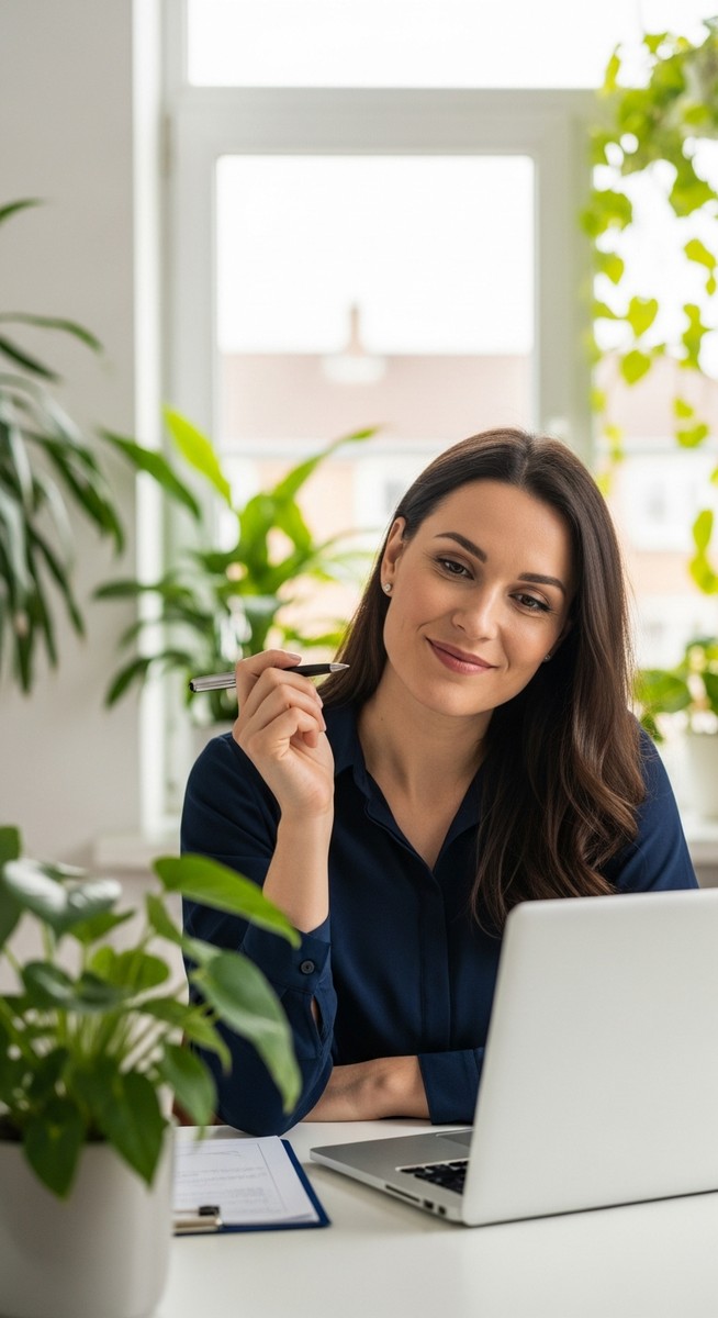 woman smiling and thinking at her home office desk