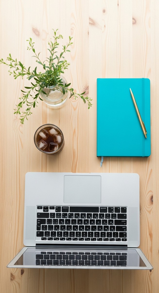 a flatlay of a laptop and teal notebook on a wooden desk to make $200 a day