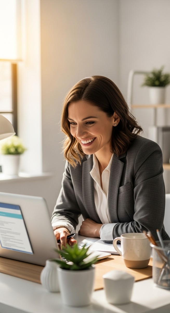 woman working confidently on her laptop at a bright home desk