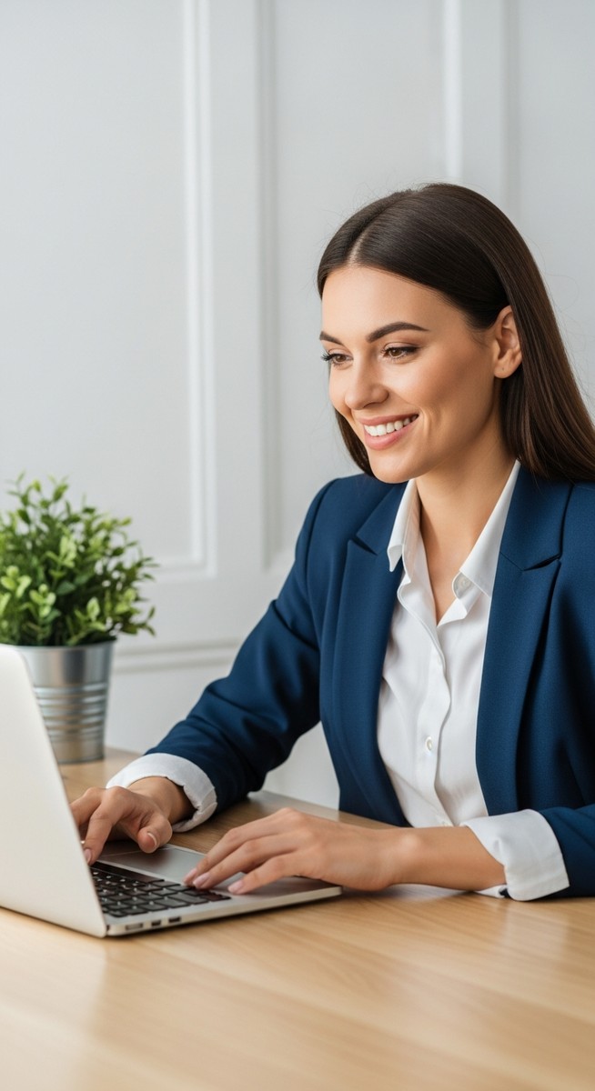 woman looking satisfied at her laptop screen at home