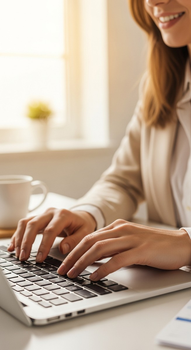 a woman typing on a laptop at a bright clean desk to make $200 a day