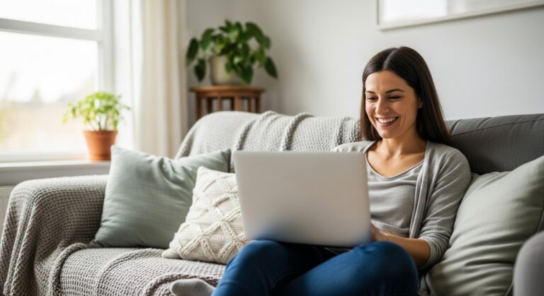 a woman smiling while working on her laptop at home to make $200 a day