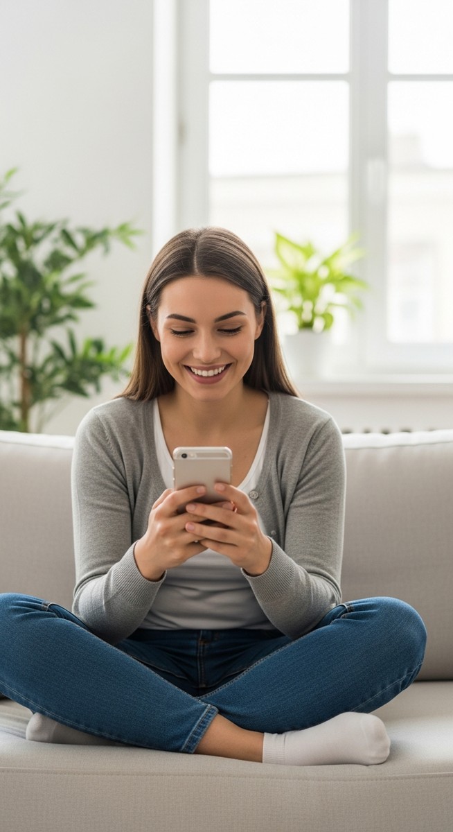 a woman smiling at her phone in a bright living room to make $200 a day