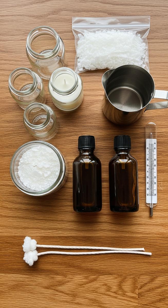 overhead flatlay of candle making supplies on a wooden surface
