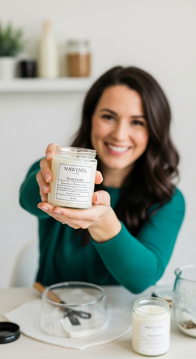 woman holding up a finished homemade candle jar and smiling