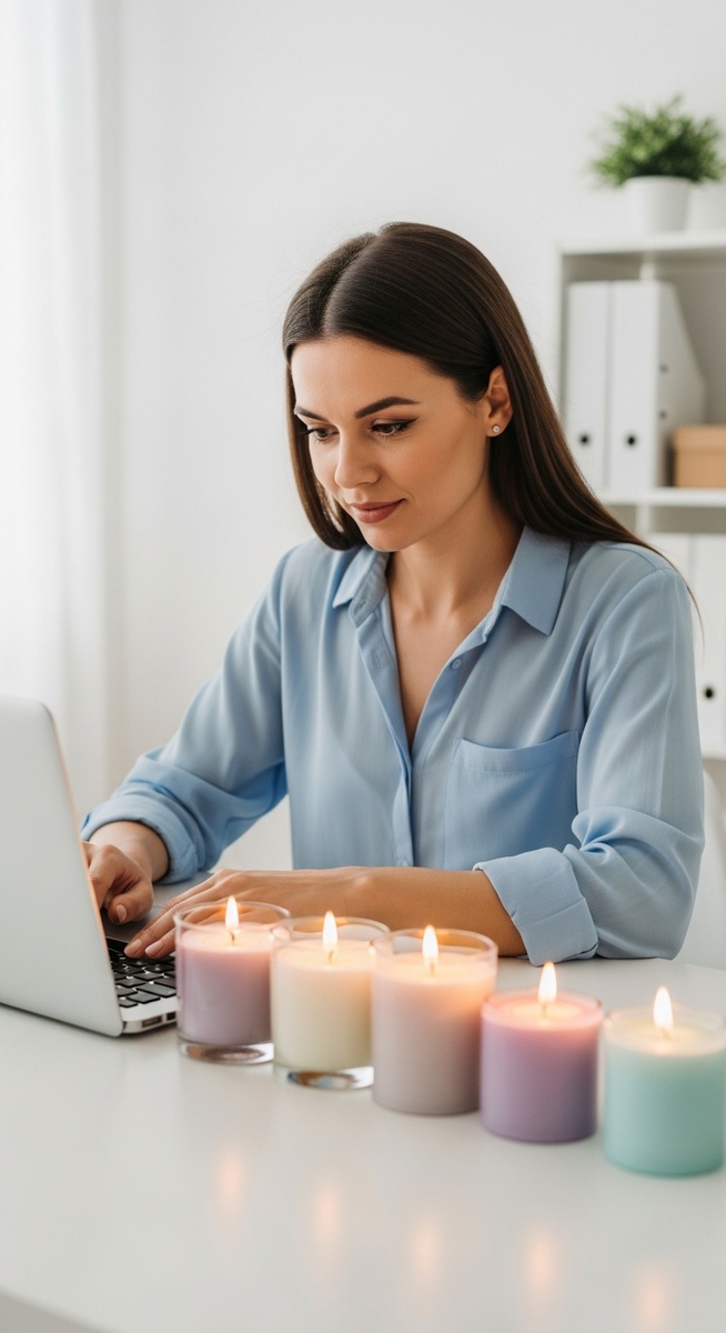 a woman listing homemade candles for sale on her laptop to work from home